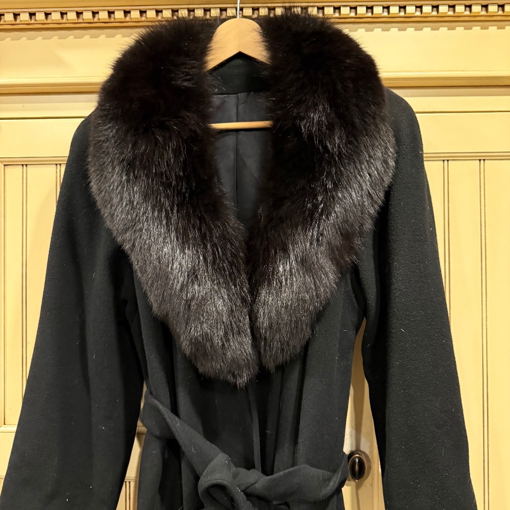 Vintage Black Fur Collar Cashmere Wrap Coat
